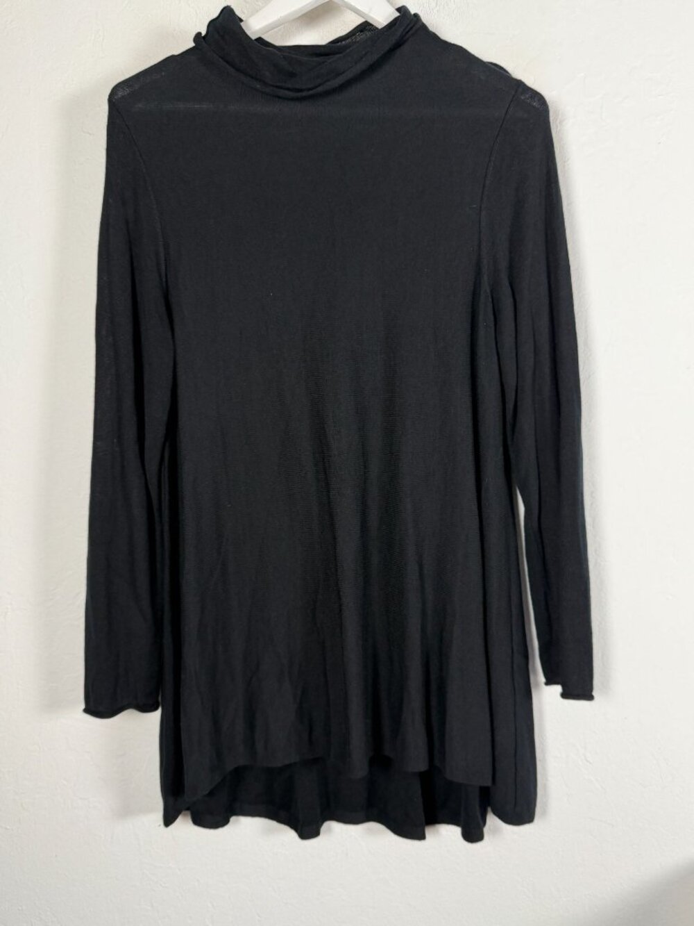 Eileen Fisher Womens Black Cowl Neck Long Sleeve Knit Tunic Top XL High-Low Hem